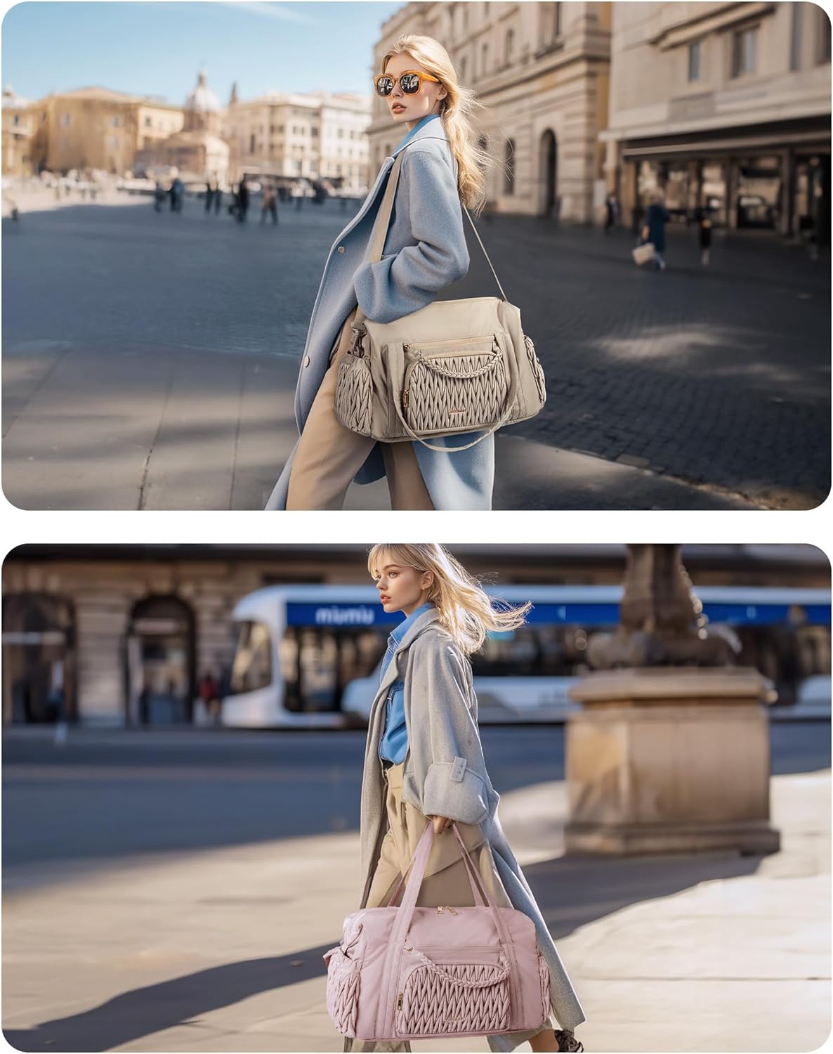 Travel Duffel Bag, Quilted Weekender Bags for Women, Overnight Gym Bag Carry on Duffle Bag for Travel, Camel - Image 2