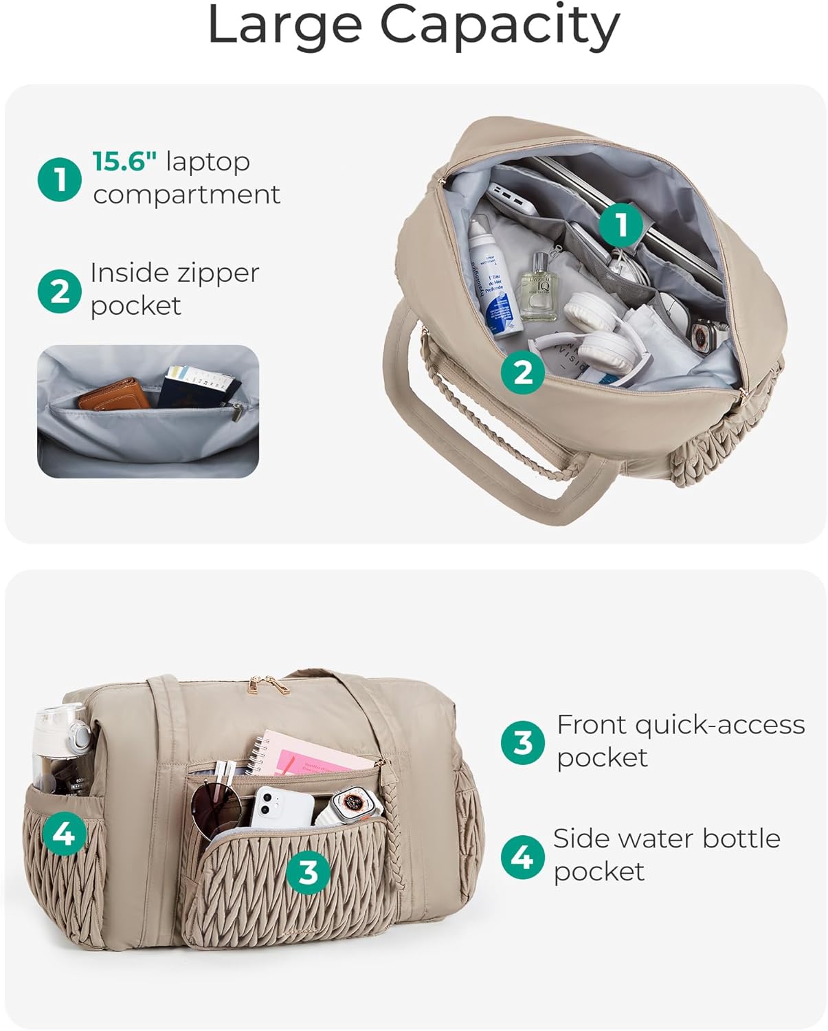 Travel Duffel Bag, Quilted Weekender Bags for Women, Overnight Gym Bag Carry on Duffle Bag for Travel, Camel - Image 3