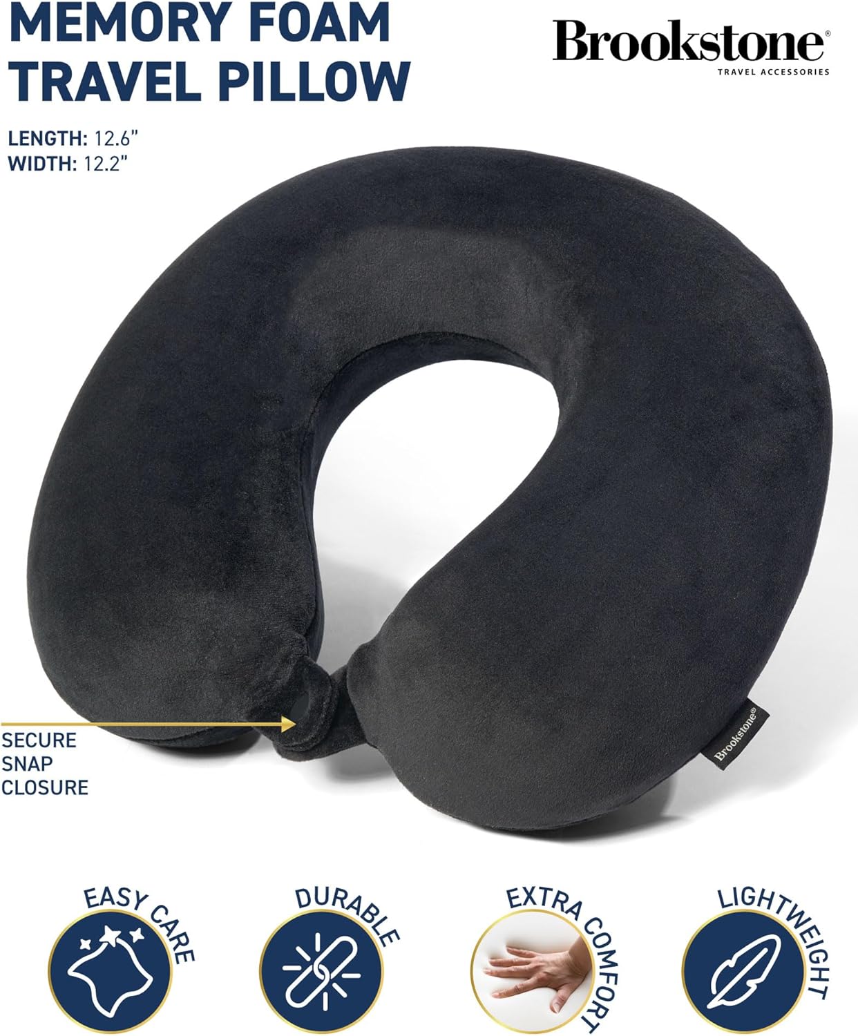 Broosktone Travel Neck Pillow - Lightweight Fleece Casing Extra Comfort Memory Foam - U-Shaped Neck Pillow for Travelling, Black - Image 2