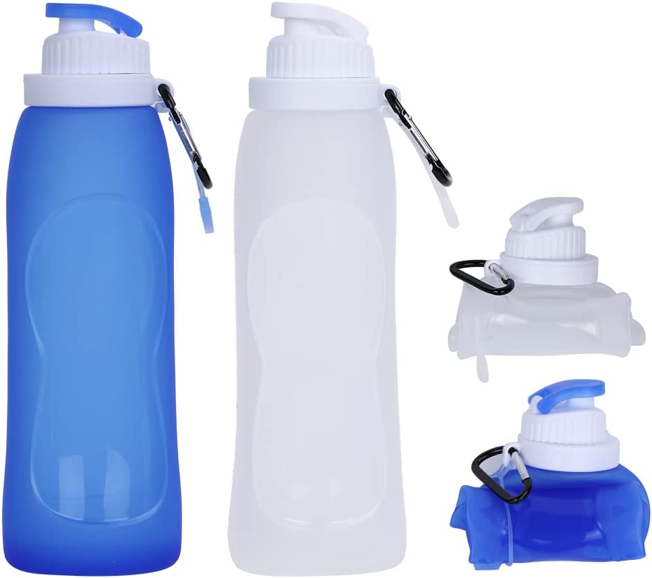 Collapsible Water Bottles(2 Count), MCOMCE Foldable Water Bottles for Travel & Collapsable Water Bottle with Clip for Backpack, Portable Silicone Water Bottle, Collapse Water Bottles for Travel