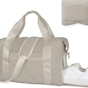 Foldable Travel Bag for Women Men, Gym Bag with Shoe Compartment, Carry On Duffle Bag for Personal Item, Weekender Overnight Tote Bag for Sports, Water Resistant Travel Bag for Travel, Khaki