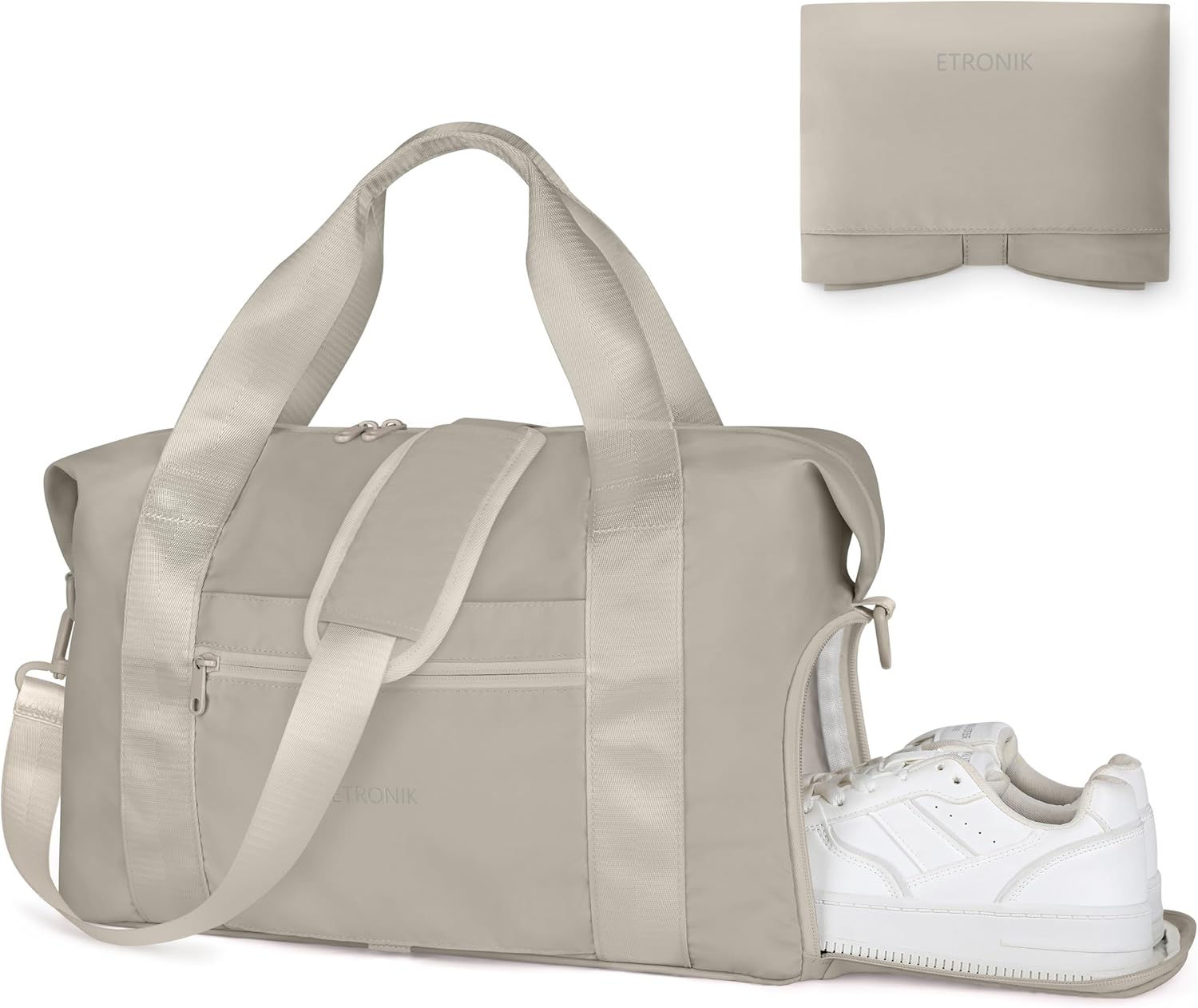 Foldable Travel Bag for Women Men, Gym Bag with Shoe Compartment, Carry On Duffle Bag for Personal Item, Weekender Overnight Tote Bag for Sports, Water Resistant Travel Bag for Travel, Khaki