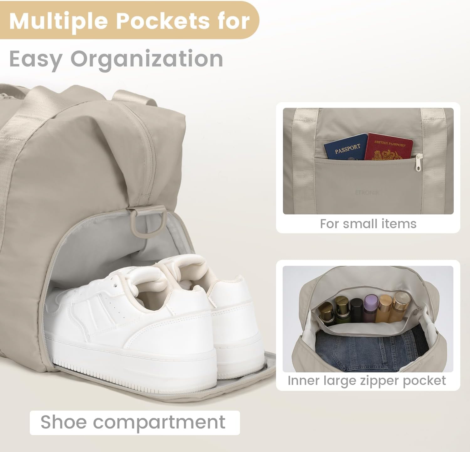 Foldable Travel Bag for Women Men, Gym Bag with Shoe Compartment, Carry On Duffle Bag for Personal Item, Weekender Overnight Tote Bag for Sports, Water Resistant Travel Bag for Travel, Khaki - Image 2
