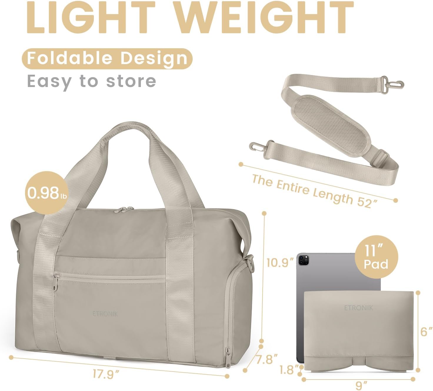 Foldable Travel Bag for Women Men, Gym Bag with Shoe Compartment, Carry On Duffle Bag for Personal Item, Weekender Overnight Tote Bag for Sports, Water Resistant Travel Bag for Travel, Khaki - Image 5