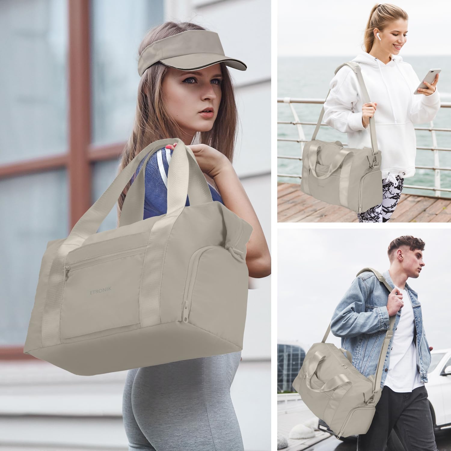 Foldable Travel Bag for Women Men, Gym Bag with Shoe Compartment, Carry On Duffle Bag for Personal Item, Weekender Overnight Tote Bag for Sports, Water Resistant Travel Bag for Travel, Khaki - Image 6