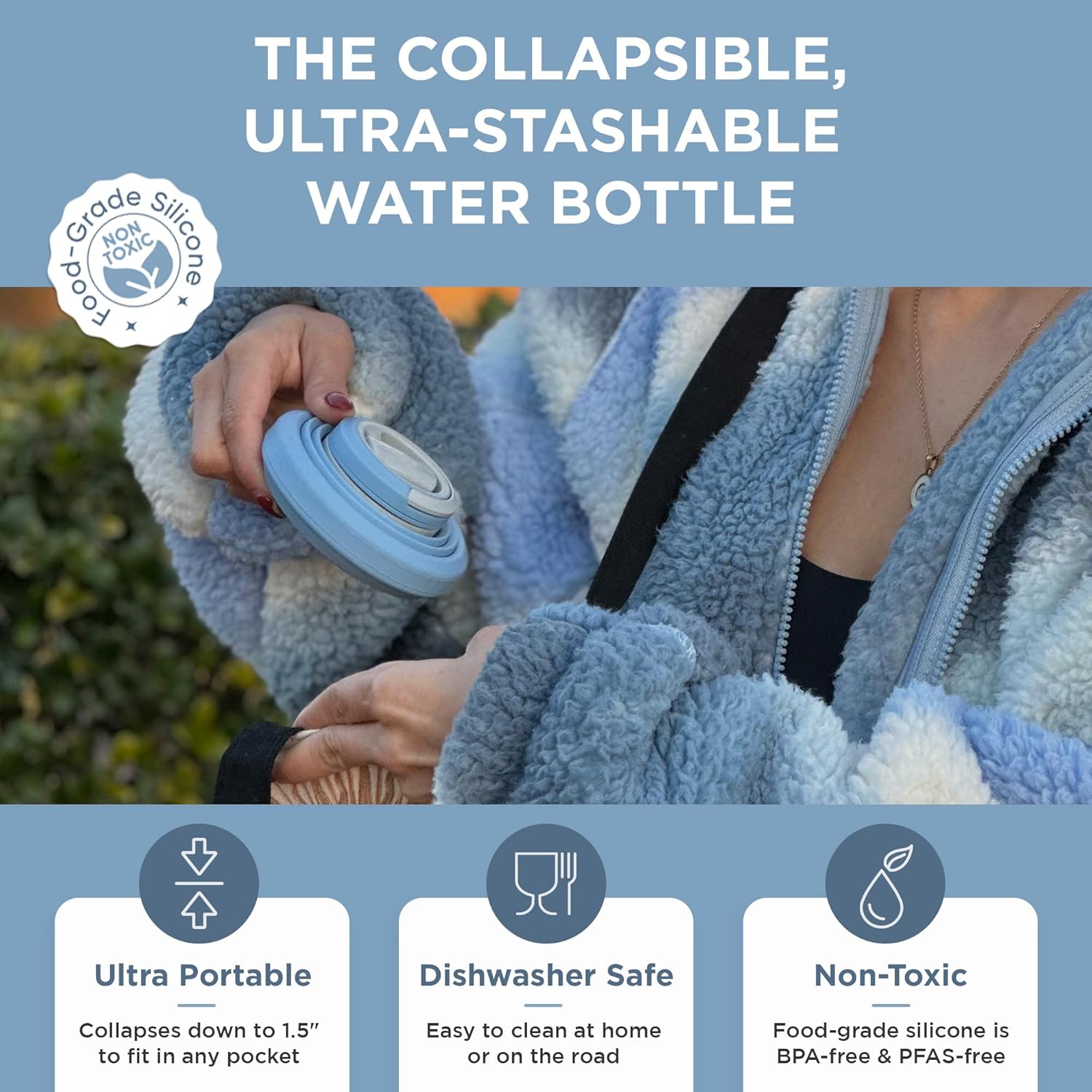 HYDAWAY Collapsible Water Bottle - 17oz I Reusable Water Bottles with Flip Top Lid for Travel, Hiking, Backpacking I Portable & Leakproof, Food-Grade Silicone, BPA Free, Collapses to 1.5” - Image 3