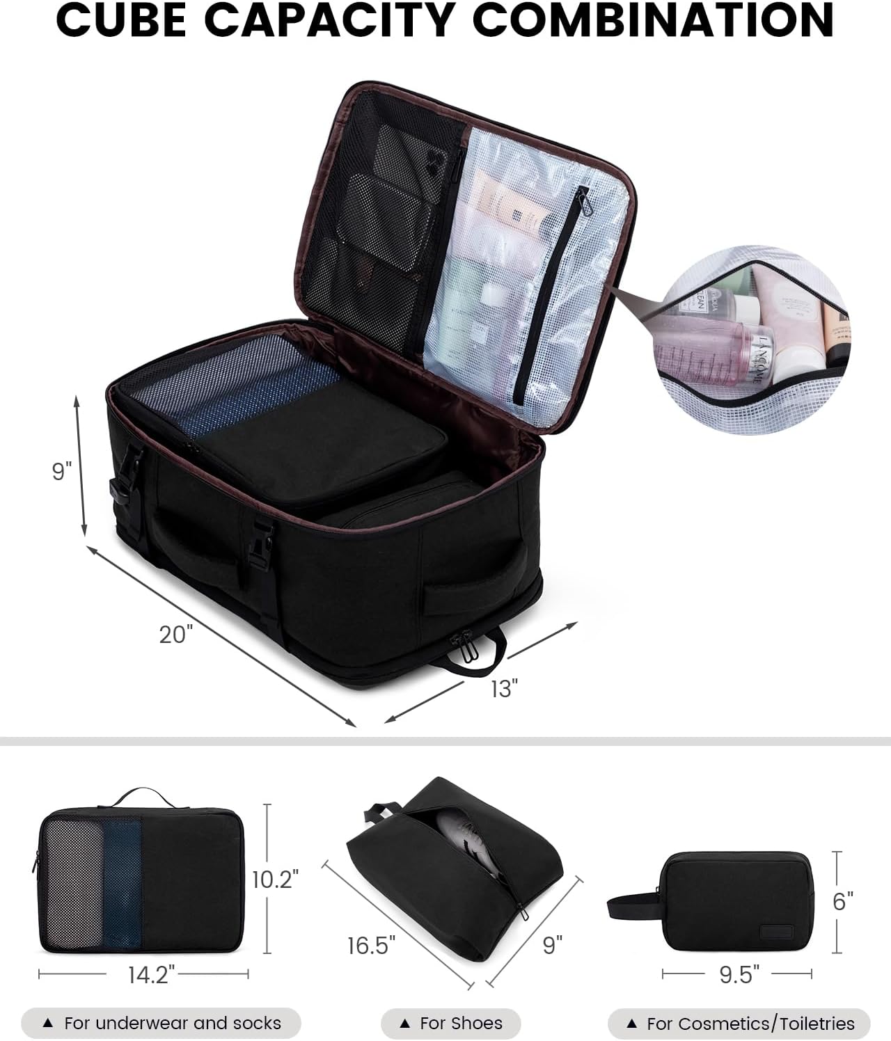 LOVEVOOK Travel Carry on Backpack, Large 40L Personal Item Travel Bag for Men & Women Flight Approved with 3 Packing Cubes, Suitcase Water Resistant Luggage Daypack Business Weekender Bag, Black - Image 3