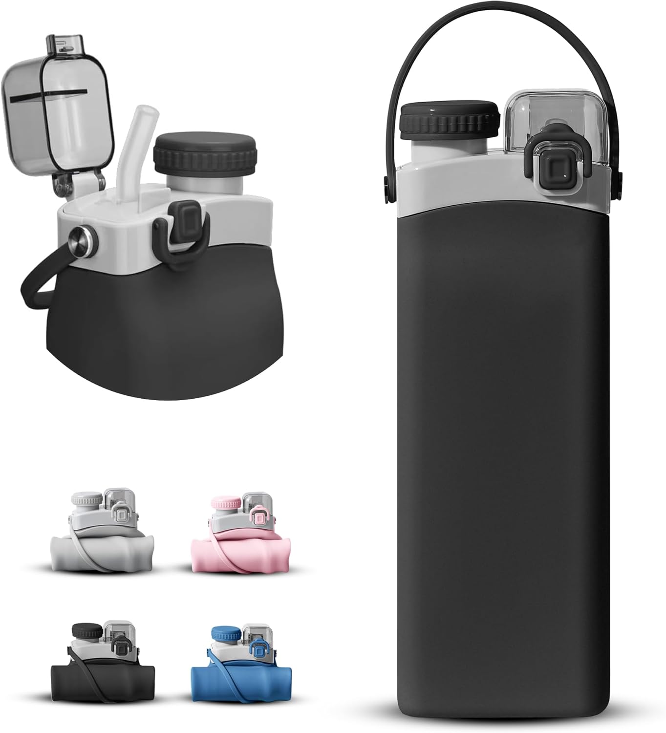 Portable Collapsible Water Bottle - 20oz BPA-Free Silicone, Leak-Proof with Straw & Handle - Ideal for Travel, Hiking, Gym, Yoga & Everyday Use - Durable, Eco-Friendly & Kid-Friendly - Black - Image 2
