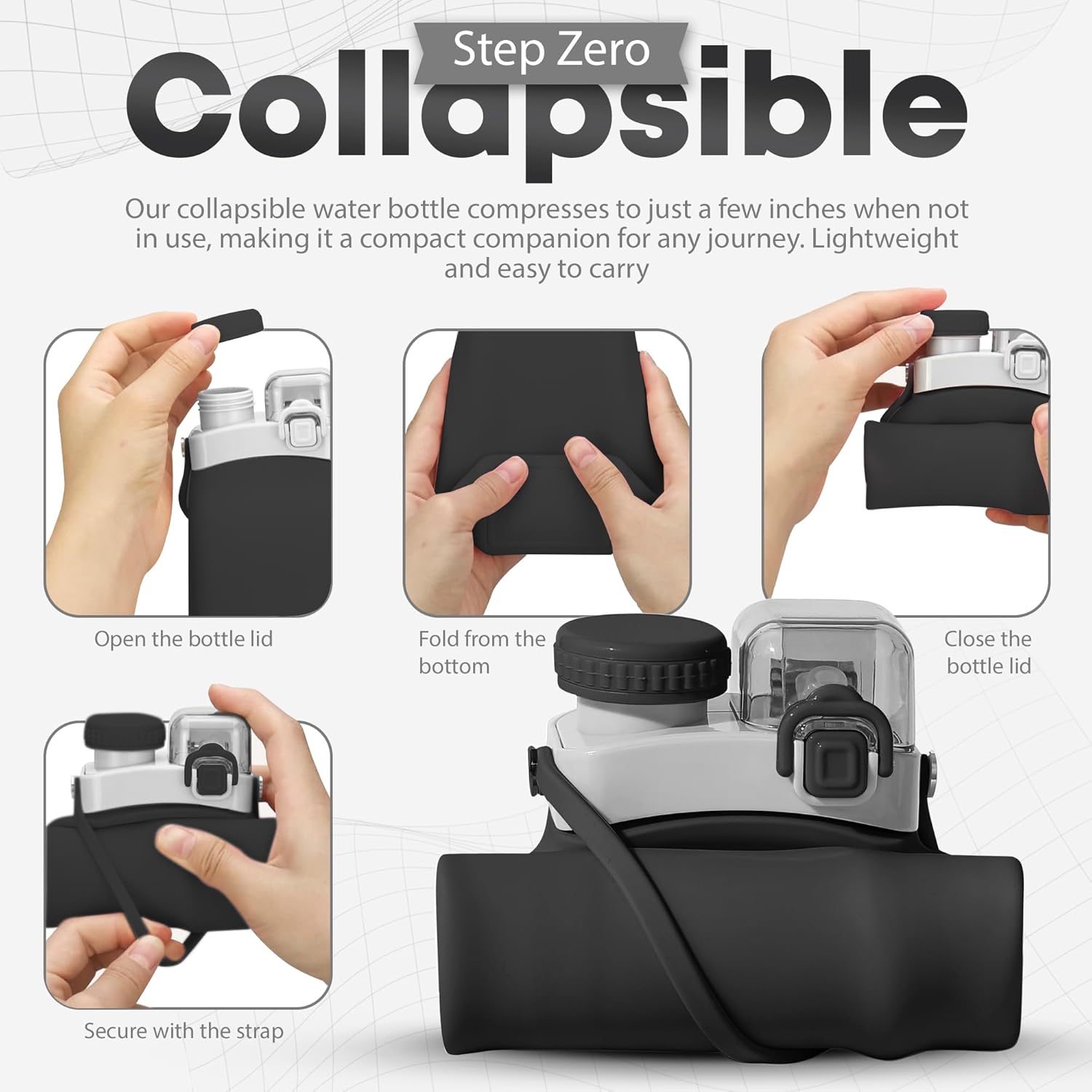 Portable Collapsible Water Bottle - 20oz BPA-Free Silicone, Leak-Proof with Straw & Handle - Ideal for Travel, Hiking, Gym, Yoga & Everyday Use - Durable, Eco-Friendly & Kid-Friendly - Black - Image 3