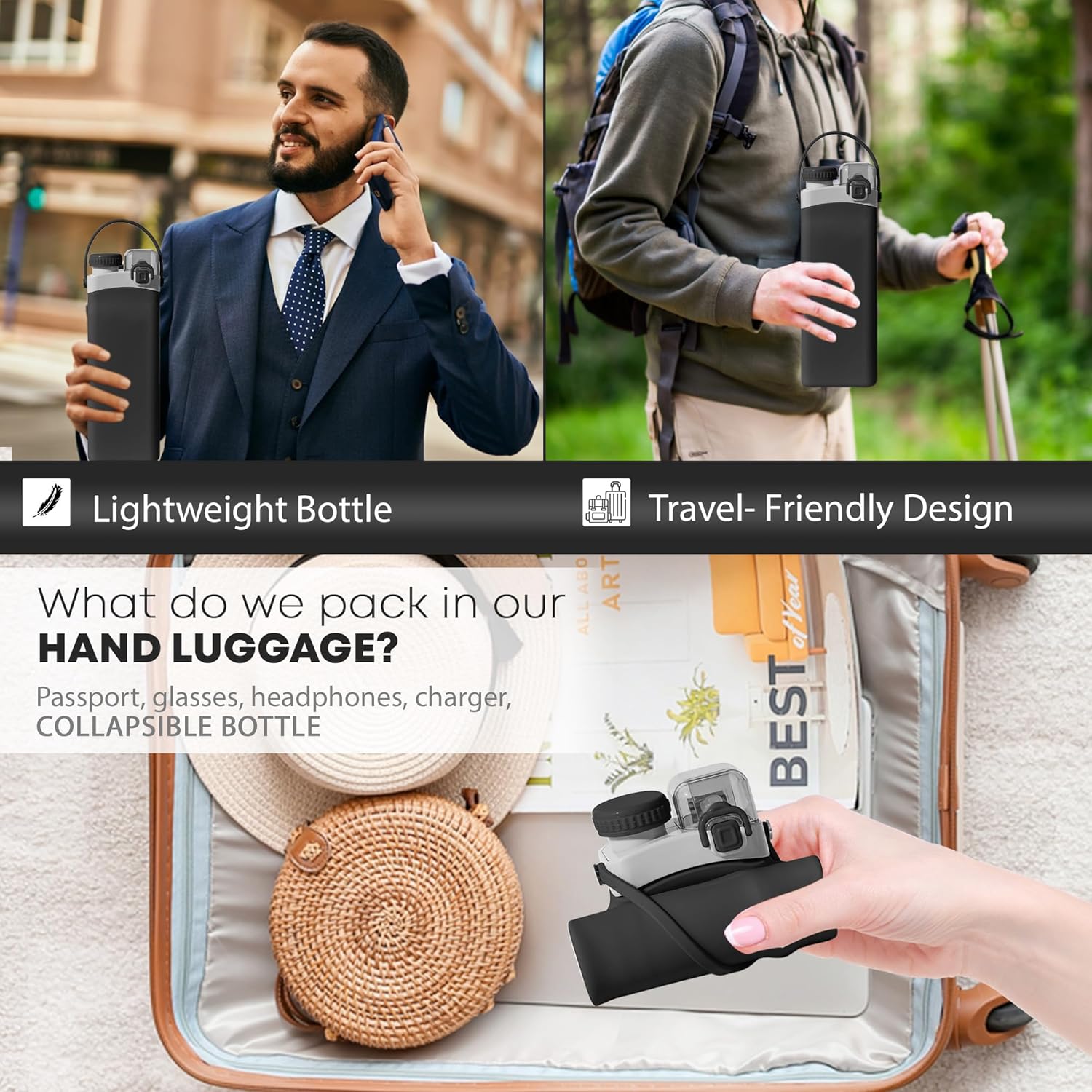 Portable Collapsible Water Bottle - 20oz BPA-Free Silicone, Leak-Proof with Straw & Handle - Ideal for Travel, Hiking, Gym, Yoga & Everyday Use - Durable, Eco-Friendly & Kid-Friendly - Black - Image 5