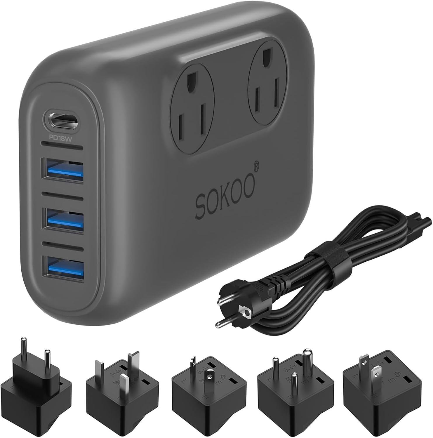 SOKOO 230-Watt Step Down 100-220V to 110V Voltage Converter, International Power Converter/Travel Adapter- Use for EU/UK/AU/US/India More Than 150 Countries, USB Quick Charger 3.0 (Grey)