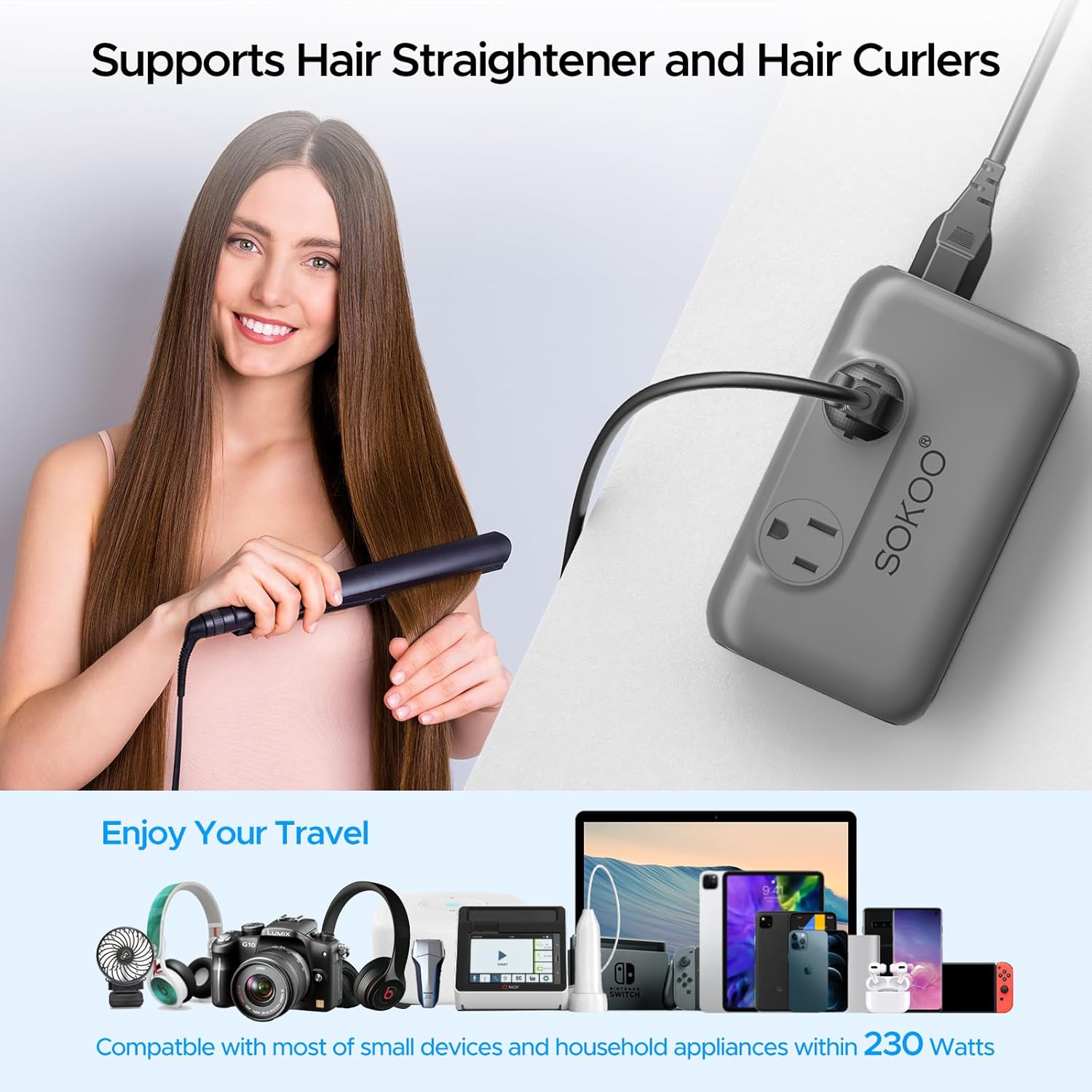 SOKOO 230-Watt Step Down 100-220V to 110V Voltage Converter, International Power Converter/Travel Adapter- Use for EU/UK/AU/US/India More Than 150 Countries, USB Quick Charger 3.0 (Grey) - Image 2