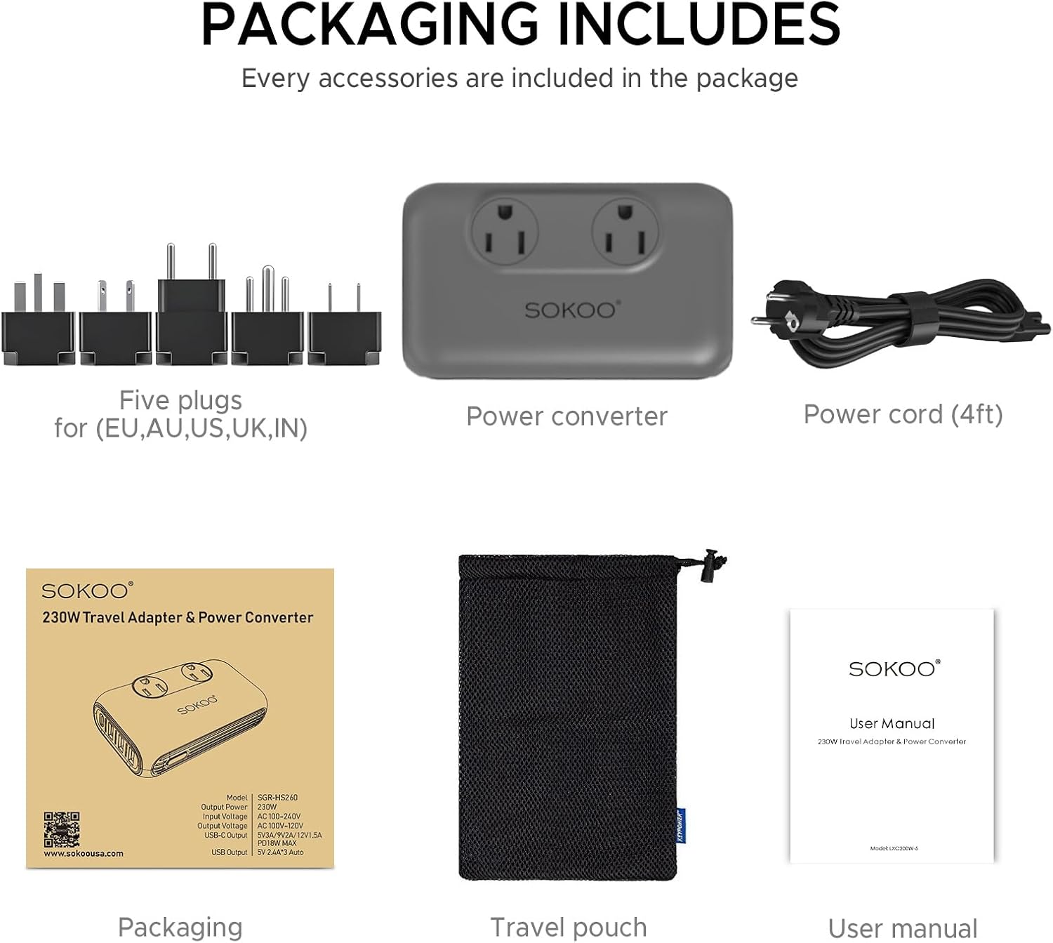 SOKOO 230-Watt Step Down 100-220V to 110V Voltage Converter, International Power Converter/Travel Adapter- Use for EU/UK/AU/US/India More Than 150 Countries, USB Quick Charger 3.0 (Grey) - Image 5