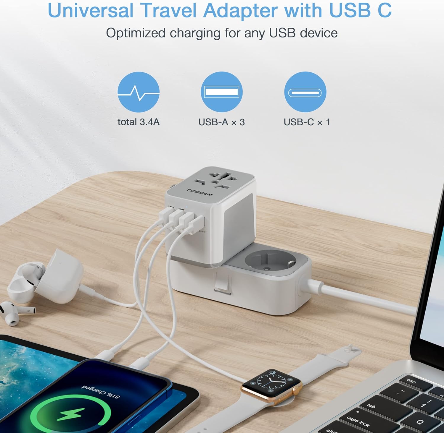 TESSAN Universal Travel Adapter, International Power Adapter with 4 USB Ports (1 USB C), Worldwide Plug Adaptor Wall Charger for USA to Europe UK France Germany Spain Ireland Australia(Type C/G/A/I) - Image 3